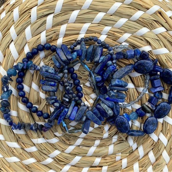Natural Dark Blue Lapis Lazuli & Sodalite Gemstone Mixed Bead Bracelet Stack - Picture 8 of 12